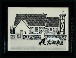 Old Man A His Pig Walking From Church On A Sunday Afternoon by Sikker Aage Hansen