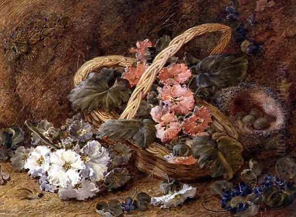 A bird's nest and a basket of flowers - view 1