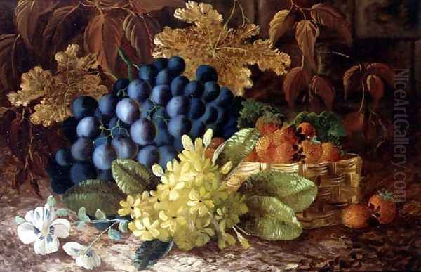 A still life of grapes and a basket of strawberries on a mossy bank - view 1