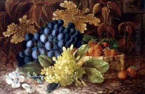A still life of grapes and a basket of strawberries on a mossy bank by Vincent Clare