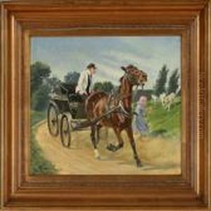 Horse Carriagefrightens A Girl With Her Sheep by Karl Frederik Hansen-Reistrup