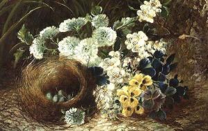 A Still Life of Flowers and a Bird's Nest on a Mossy Bank by Vincent Clare
