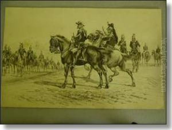 Study Of Mounted Dragoons Under Review By Mounted Commanding Officer. - view 1