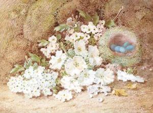 Still life with blossom and flowers on a mossy bank by Vincent Clare
