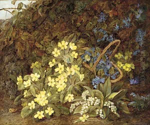 Lilies of the valley, primulas, forget-me-nots and violets on a mossy bank by Vincent Clare