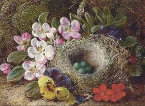 Apple blossom, pansies and a bird's nest with eggs on a mossy bank by Vincent Clare