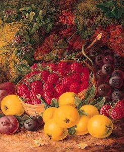Apples, Plums, Raspberries in a wicker Basket, on a mossy Bank by Vincent Clare