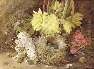 May blossom, violets, primroses, daffodils in a wicker basket by Vincent Clare
