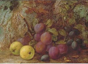 Plums, damsons and apples, on a mossy bank Plums, damsons and apples, on a mossy bank