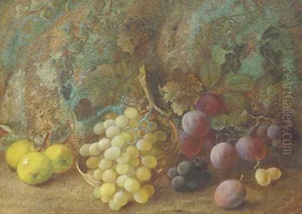 Still life of apples, plums and grapes in a basket on a mossy bank - view 1