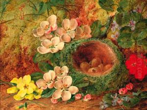 A bird's nest with apple blossom and primulas on a mossy bank by Vincent Clare
