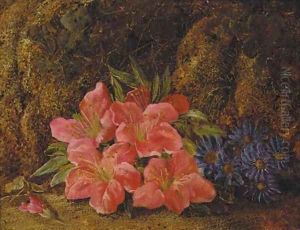 A still life of spring flowers on a mossy bank by Vincent Clare