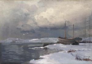 A Winter Landscape With A Two-masted Boat by Aleksei Vasilievich Hanzen