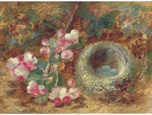 Apple blossom and a bird's nest on a mossy bank by Vincent Clare