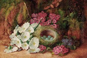 Blossom and a bird's nest with eggs, on a mossy bank by Vincent Clare