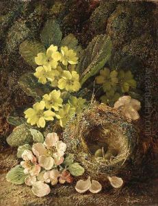 Primroses and bird's nest on a mossy bank by Vincent Clare