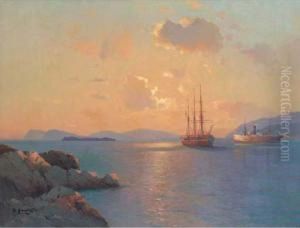 Two Ships At Sunset by Aleksei Vasilievich Hanzen