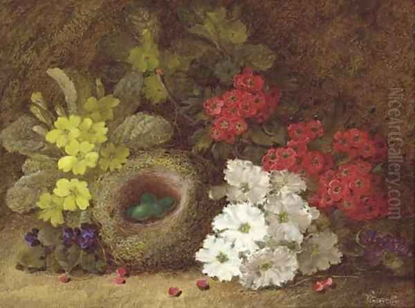 Still life of primroses, primulas, pansies, a bird's nest and eggs on a mossy bank - view 1