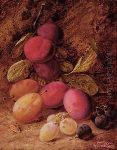 Plums and grapes on a mossy bank by Vincent Clare