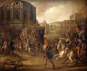 Battle Scene with a Roman Army Besieging a Large City by Juan De La Corte