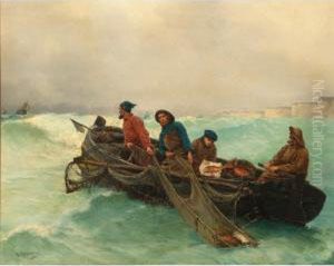 Fishermen Hauling In Their Nets At Sea by George Haquette