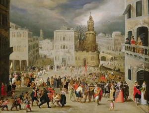 A scene in a town square with numerous figures by Louis de Caulery