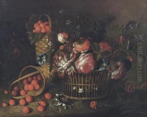 Roses, Violets And Other Flowers
 In A Basket, A Basket Ofstrawberries And A Laying Basket With 
Raspberries