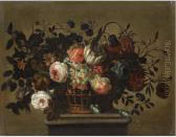 A Flower Still Life With A
Tulip, Roses, Bluebells, Daffodills And Carnations In A Basket On A
Ledge - view 1