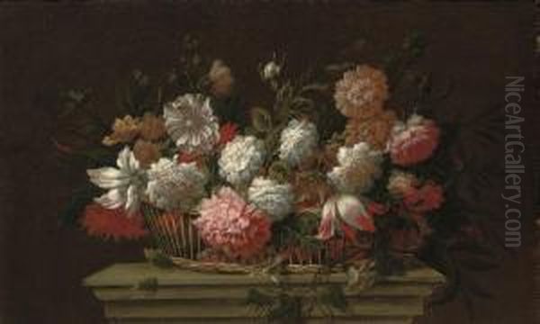 Carnations, Chrysanthemums, 
Roses, A Parrot Tulip And Other Flowers In A Basket On A Ledge - view 1
