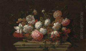 Carnations, Chrysanthemums, 
Roses, A Parrot Tulip And Other Flowers In A Basket On A Ledge