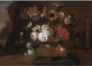 Still Life With Tulips, Morning 
Glory, Honeysuckle, And Other Flowers In A Bronze Urn In A Landscape
