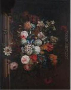 Still Life With A Bouquet Of Flowers In A Basket On A Stone Ledge