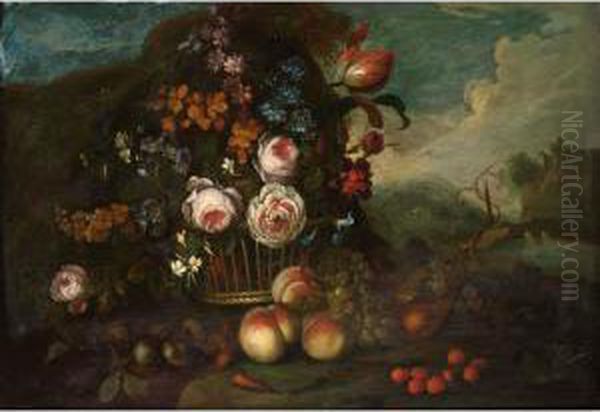 A Still Life With Roses, A Tulip
And Other Flowers In A Basket, Peaches, Grapes And Strawberries In
Front, In A Landscape - view 1