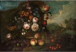 A Still Life With Roses, A Tulip
 And Other Flowers In A Basket, Peaches, Grapes And Strawberries In 
Front, In A Landscape