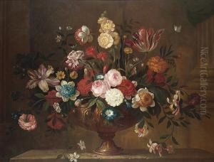 Tulips, Carnations, Roses, 
Honeysuckle And Morning Glory In A Bronze Urn On A Stone Ledge