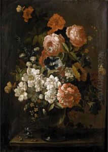 Still Life With Various Flowers In A Glass Vase, On A Stone Ledge