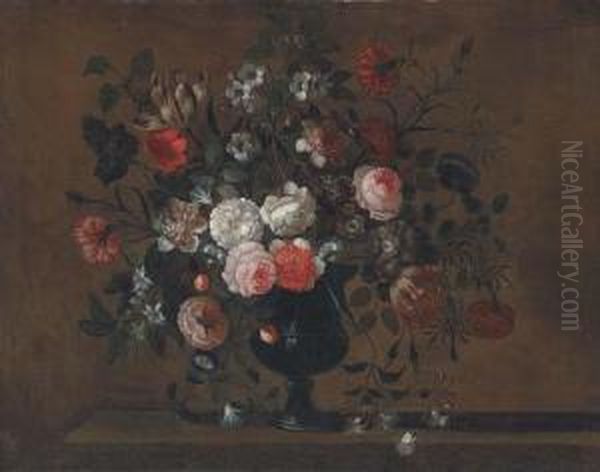 Parrot Tulips, Roses, Morning
Glory, Chrysanthemums And Otherflowers In A Vase On A Ledge - view 1