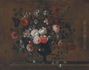 Parrot Tulips, Roses, Morning 
Glory, Chrysanthemums And Otherflowers In A Vase On A Ledge
