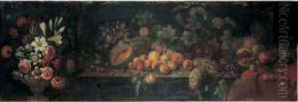 Nature Morte Au Vase De Fleurs Et Fruits Sur Un Entablement - view 1