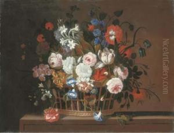 Roses, Tulips, Morning Glory, 
Carnations, Delphinium, Primrose, Narcissi And Other Flowers In A Basket
 On A Stone Ledge - view 1