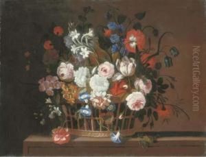 Roses, Tulips, Morning Glory, 
Carnations, Delphinium, Primrose, Narcissi And Other Flowers In A Basket
 On A Stone Ledge