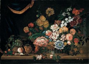 A Still Life Of Flowers And 
Fruit In A Basket, All Resting Upon A Table, A Draped Curtain Beyond
