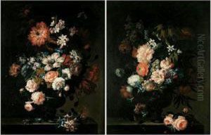 Still Lifes Of Roses, Tulips, 
Convolvuli, Chrysenthamums, Hyacinths, Peonies And Other Flowers In 
Glass Vases, Both Set Upon Stone Pedestals