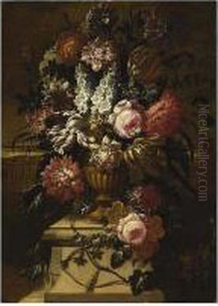 A Still Life With Roses, Peonies, Tulips And Other Flowers In A - view 1