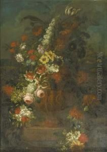Roses, Tulips, Carnations And 
Other Flowers In A Sculpted Vase Decorated With Putti On A Stone Ledge 
In A Landscape - A Chimney Piece