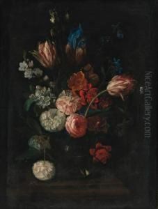 Carnations, Tulips, Peonies, Irises And Other Flowers In A Glassbowl On A Ledge by Pieter Hardime