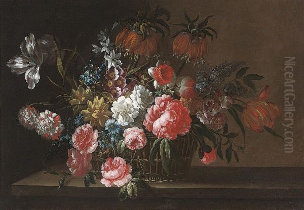 Roses, Carnations, Tulips,
Cornflowers, Camelias And Other Flowersin A Wicker Basket, On A Stone
Ledge - view 1