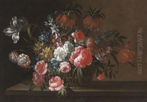 Roses, Carnations, Tulips, 
Cornflowers, Camelias And Other Flowersin A Wicker Basket, On A Stone 
Ledge