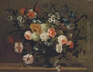 Roses, Carnations, Morning 
Glory, Bluebells, Honeysuckle And Other Flowers In A Classical Urn On A 
Stone Ledge by Simon Hardime
