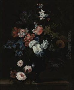 Still Life Of Flowers In A Vase Resting On A Stone Ledge